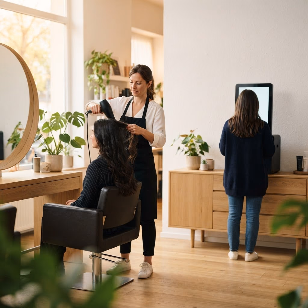 Friseursalon: Friseurin schneidet einer Kundin die Haare, im Hintergrund bezahlt eine Kundin am Fluiid-Kiosk-Terminal